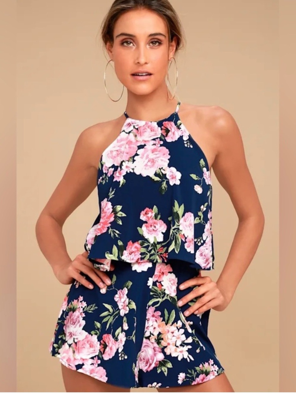 Lulus Floral Halter Neck Navy Romper